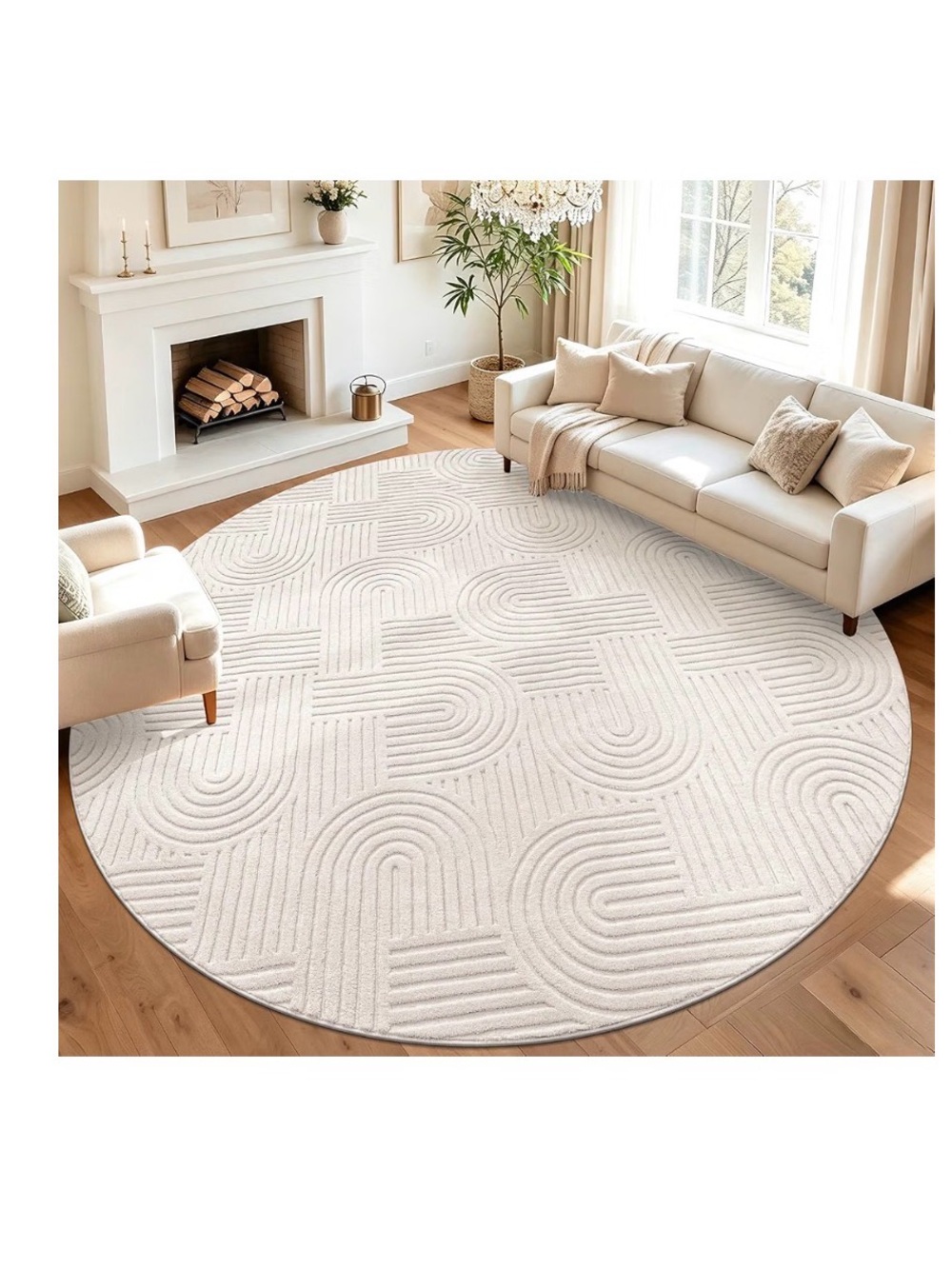 Beige Round Textured Geometric Super Soft Area Rug